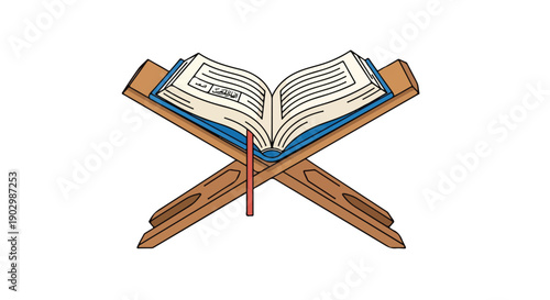 An open book resting on a wooden lectern against a plain white background.