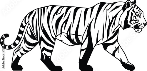 Tiger walking silhouette vector illustration, black and white wild cat graphic, jungle predator emblem, feline animal profile for logo design