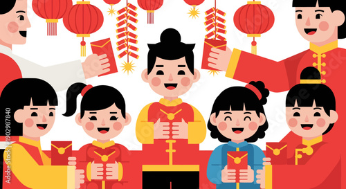 Family and Friends Celebrating Chinese New Year with Red Envelopes