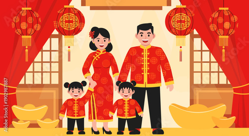 Asian Family in Traditional Red Clothing with Lanterns and Gold
