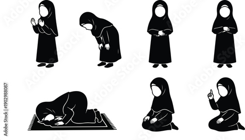  Muslim Girl Performing Sholat Prayer Movements 2026 Silhouette Vector Set of 6 Prayer Positions  for Islamic Education or Ramadan 2026 