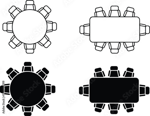 Top view office furniture icons set featuring round and rectangular conference tables with chairs for architectural floor plan and interior layout