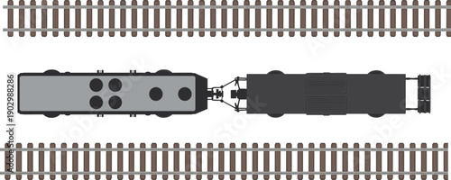 Top view railway vector illustration featuring train wagons and locomotive on tracks for transportation logistics and industrial engineering design projects
