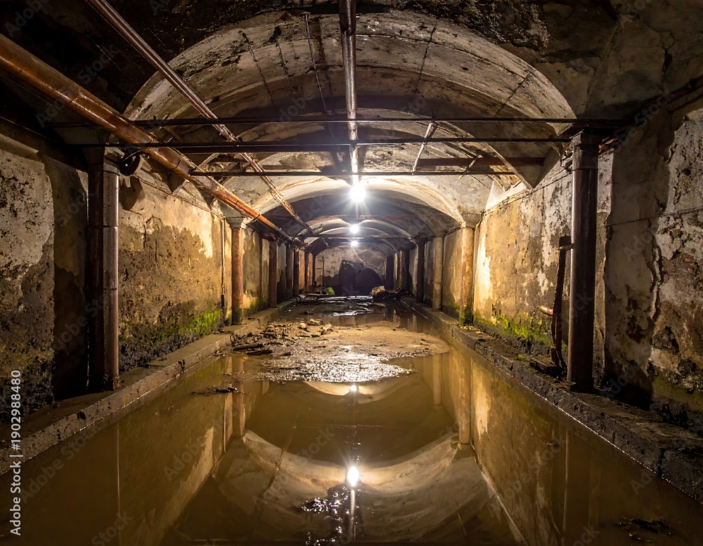 Obraz premium A long, arched, water-filled tunnel with lighting