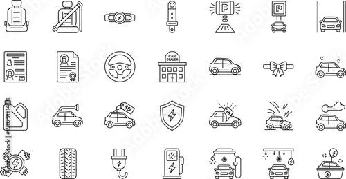 Electric vehicle icons, car maintenance symbols, automotive line art, EV charging station, clean car graphics, transport safety, black and white illustrations