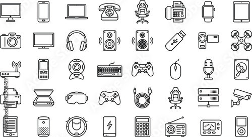 Electronic device icons, tech gadgets, smart tools, digital equipment, computing symbols, communication elements, home electronics, vector line set