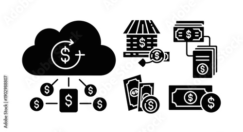 Cloud Finance Icons: Money, Banking, Investment, and Payment Concepts