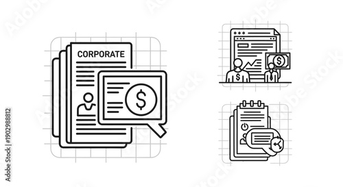 Corporate Finance and Business Document Icons Set