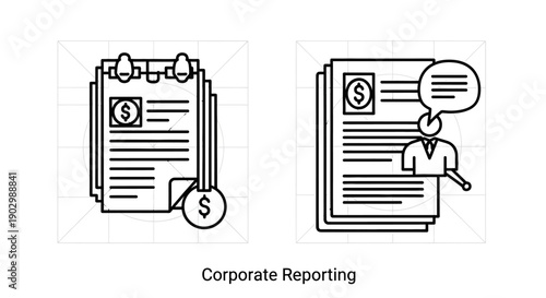 Corporate Reporting Icons: Financial Documents and Business Communication