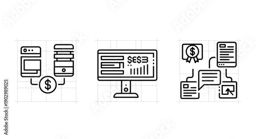 Financial Data Analysis Icons: Server, Monitor, Documents, Chat, Money