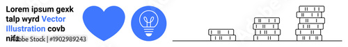 Finance, creativity, wealth, savings, innovation, and earnings. Blue heart and lightbulb icons alongside stacked coins on a white background. Finance and creativity concepts are highlighted