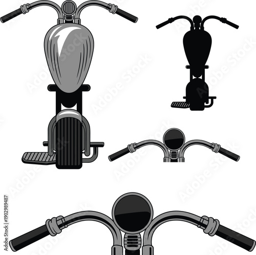 Vintage motorcycle top view vector illustration set featuring handlebars fuel tank and silhouette icons isolated on white background for biker design