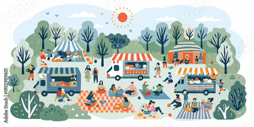 A vibrant outdoor food market scene with people enjoying a sunny day