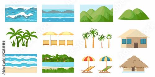 Colorful collection of tropical scenes beaches mountains and vacation elements