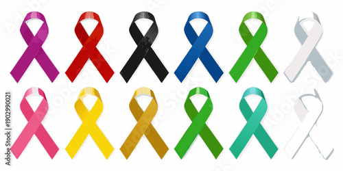 Collection of colorful awareness ribbons arranged on a white background