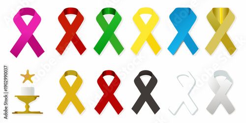 Collection of colorful awareness ribbons and a golden star symbol