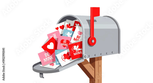 Valentines day greeting cards pouring out of a mailbox on a wooden post