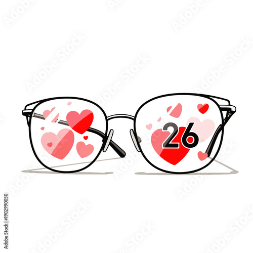 Illustrated glasses with red hearts and number 26 reflection on the lenses from a frontal viewpoint