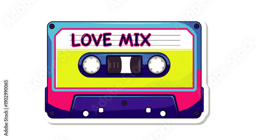 Vibrant Cassette Tape with Love Mix Label on White Background from Direct Viewpoint