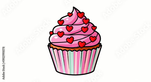 A cartoon cupcake with pink frosting and red hearts in a colorful wrapper viewed from the front