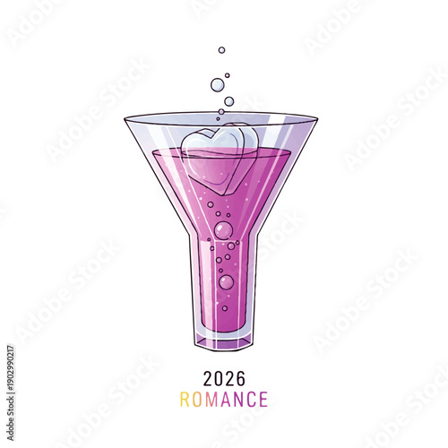 A pink cocktail in a martini glass with a heart-shaped ice cube, symbolizing romance and love, viewed from the side, with bubbles rising to the surface