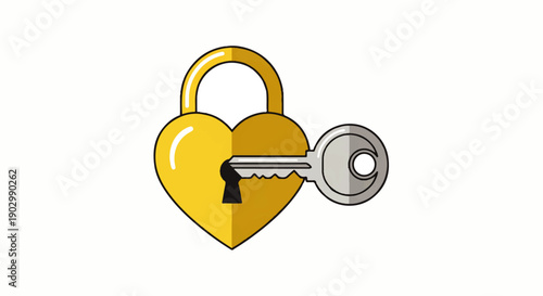A golden heart-shaped padlock being unlocked by a silver key, symbolizing love and security
