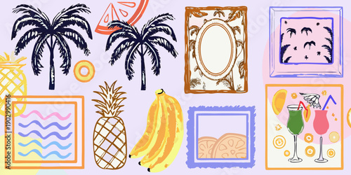 Tropical fruit and palm tree illustrations on a pastel background