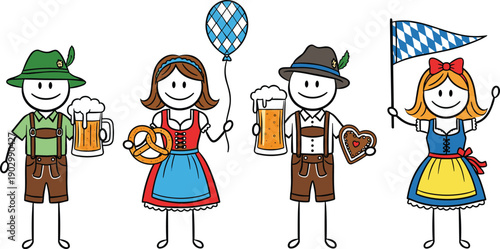 Oktoberfest Bavarian stick figures vector illustration, German beer festival icon, cultural celebration design, traditional attire graphic, festive party symbol