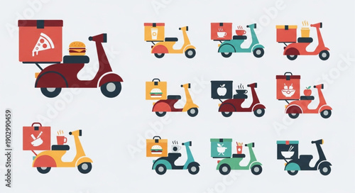 Collection of colorful delivery scooters with food boxes.