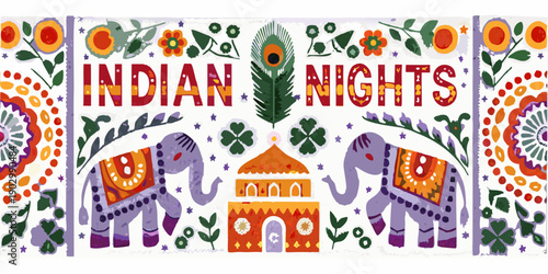 Colorful illustration depicting indian nights with elephants peacocks and floral designs