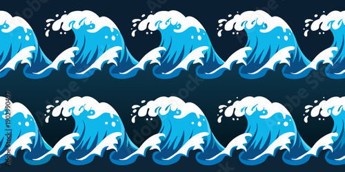 Seamless pattern of stylized blue waves against a dark background