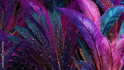 Abstract texture of vibrant, shimmering feathers, backdrop for carnival party.