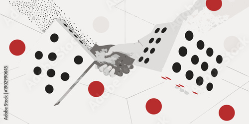 Abstract illustration depicting a handshake amidst geometric shapes and scattered dots