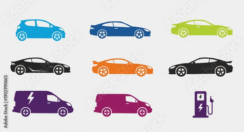 Collection of colorful electric car and van icons with charging station.