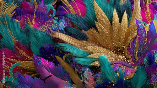 Abstract texture of vibrant, shimmering feathers, backdrop for carnival party.