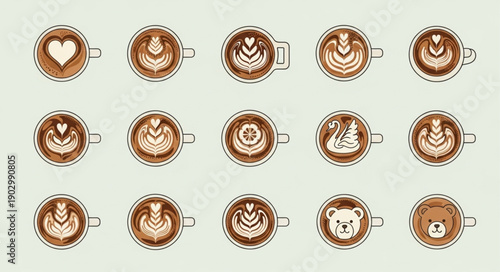 Collection of Coffee Cups with Latte Art Designs.