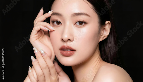 黒背景で金箔ネイルを見せる美しい日本人女性