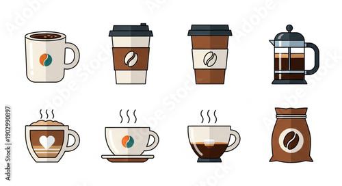 Collection of Coffee Drinks and Accessories Flat Design Icons.