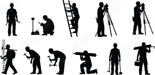 Black silhouette set of construction workers surveyors and laborers with tools and equipment isolated on white background for industrial vector,