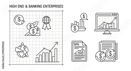 Financial Growth Icons: Banking, Investment, Strategy, and Success