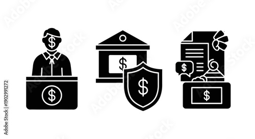 Financial Icons: Bank Teller, Secure Bank, and Financial Deal