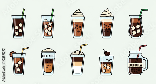 Collection of Cold Coffee Drinks with Ice and Straws.