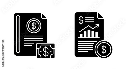 Financial Report Icons: Document with Dollar Sign, Coin, and Growth Chart