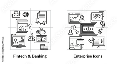 Fintech & Banking Enterprise Icons: Finance, Technology, Business, and Data Analysis