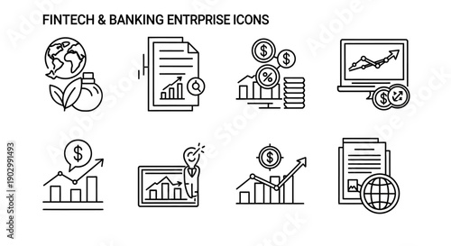 Fintech and Banking Enterprise Icons: Finance, Growth, and Global Business