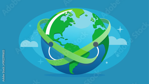 A vibrant globe surrounded by stylized green and blue elements symbolizing global unity and sustainability