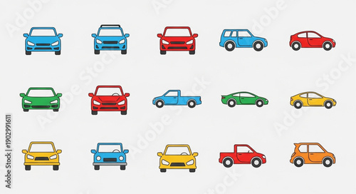 Collection of colorful cartoon cars in various models and colors.