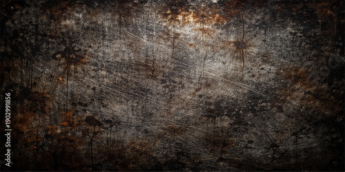 A weathered vintage backdrop featuring a rough aged metal surface with a grungy rusty texture and dirty brown paint on an old antique wall