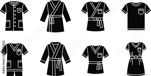 Black vector icon set of medical scrubs lab coats and spa robes for concepts of healthcare nursing wellness and branding,