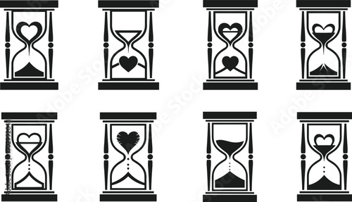 Black vector icon set of romantic hourglasses with hearts for concepts of love time valentines day anniversary and wedding branding